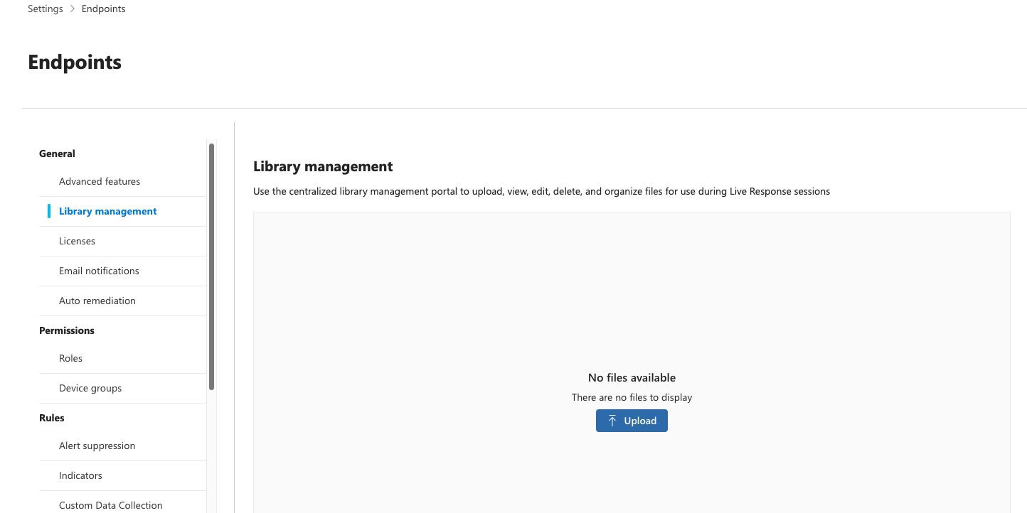 Library management page for Live Response files