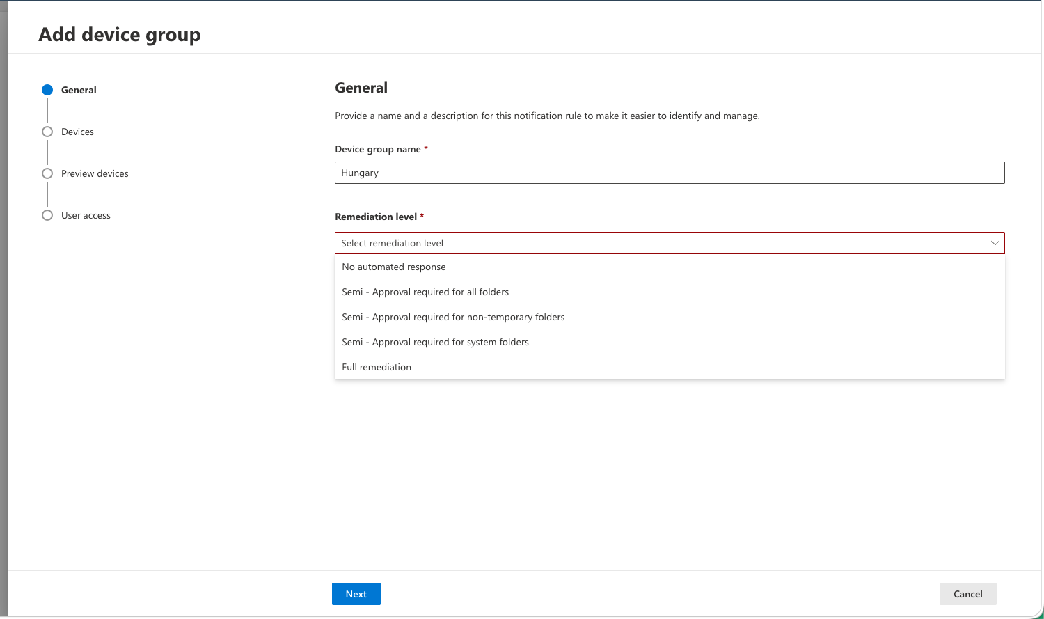 Add device group wizard with remediation level options