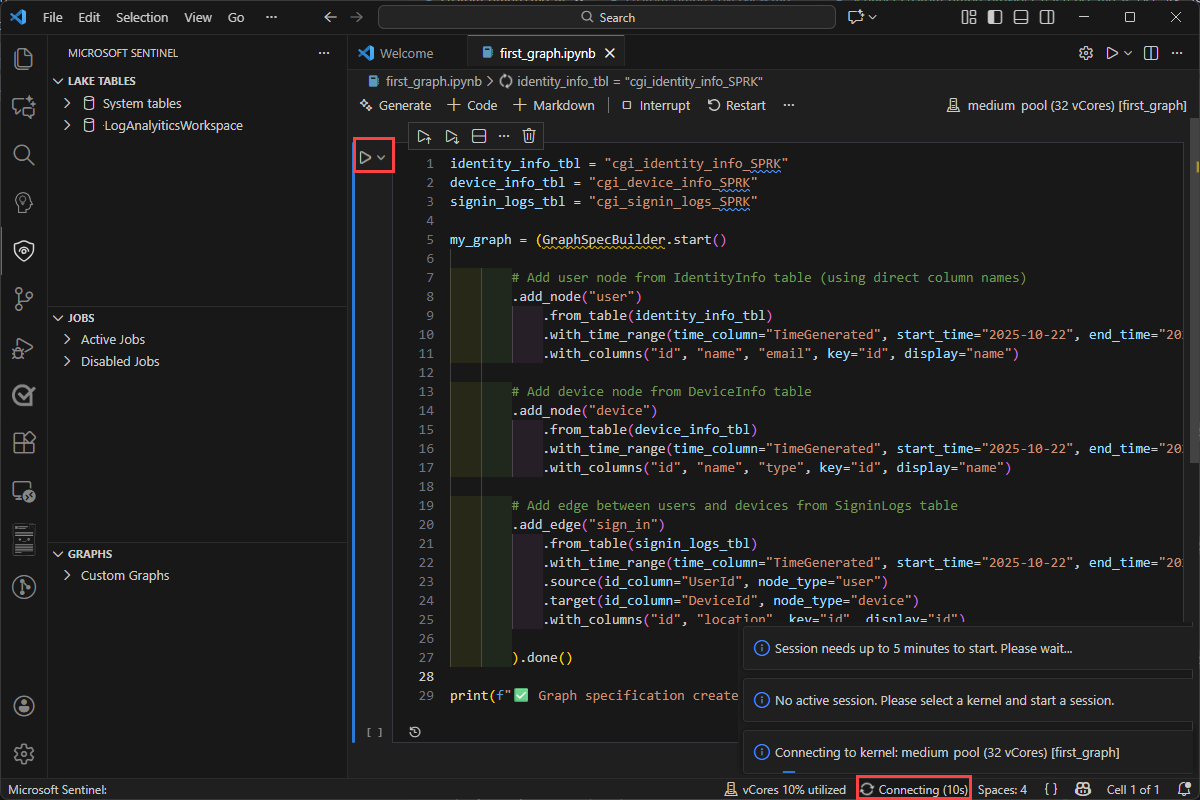 Building a custom graph in a Sentinel notebook in VS Code